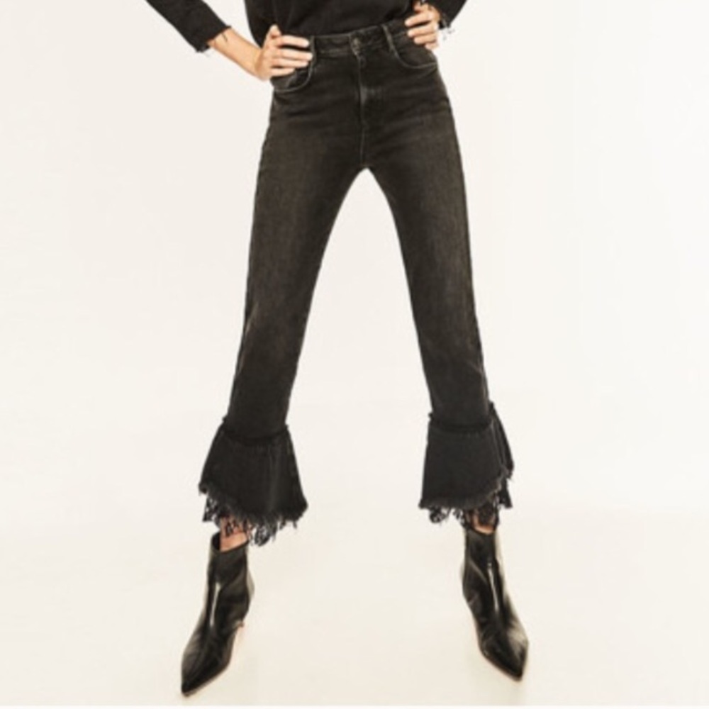 Zara Black Cropped Frayed-Hem Jeans